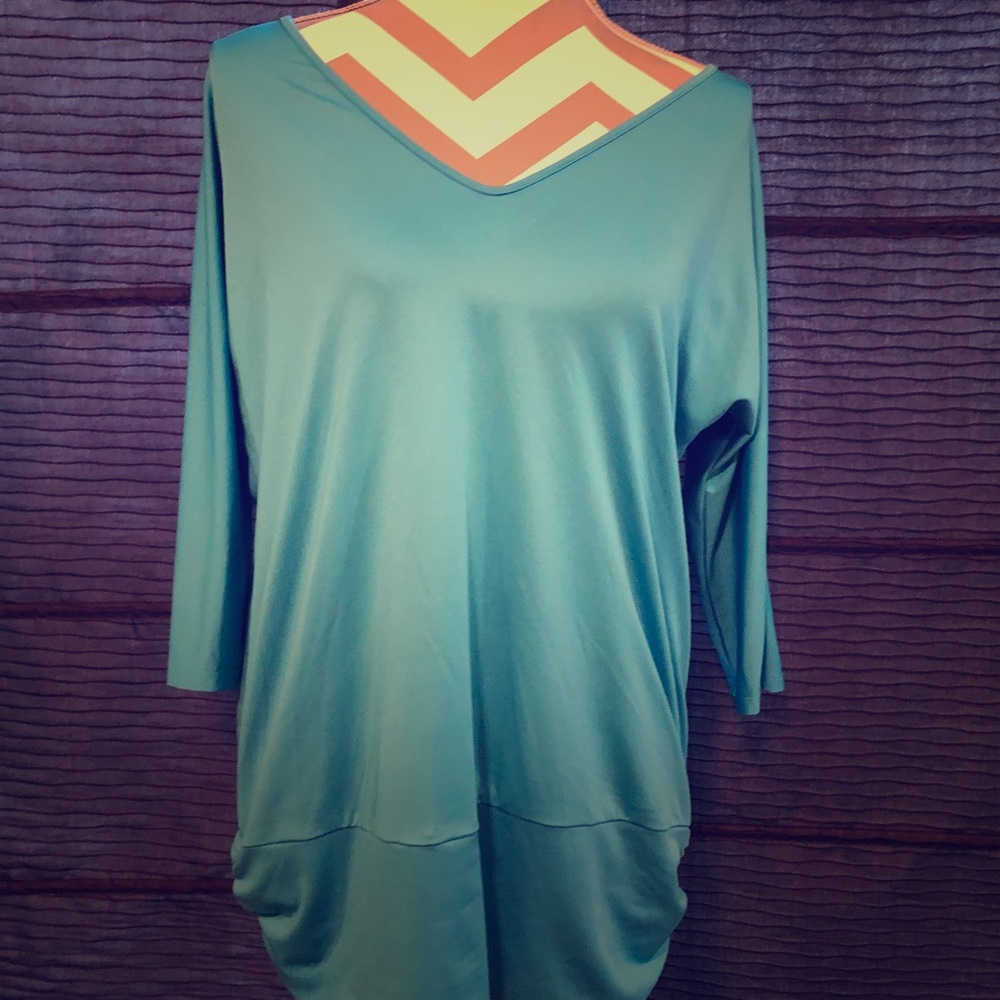 Teal blouson top, great for hiding a tummy!